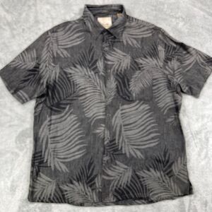 Tasso Elba Hawaiian Shirt Men's XL Gray Tropical Print Silk Linen Button Up